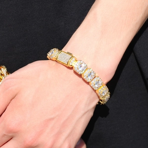 Gold-plated 12.5mm hip hop chain bracelet with square links and micro-pave cubic zirconia