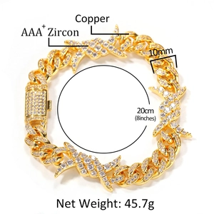 Hip hop 10mm cuban link bracelet with thorn design and AAA+ zircon in 18K gold finish