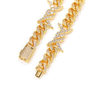 Hip-hop golden cuban link necklace with iced-out barbed wire charms and zircon stones