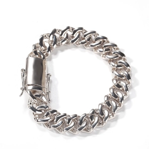 Gros bracelet cubain argenté pour homme serti de zircons marquise avec fermoir de sécurité
