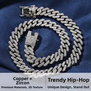 Macro view of silver Cuban link necklace with micro-paved cubic zirconia and clasp