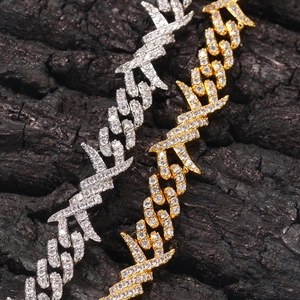 Hip hop Cuban link chain with barbed wire design and sparkling zircon in gold and silver
