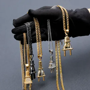 Collana con Ciondolo a Spina in Acciaio Inossidabile Hiphop Punk Strass Intarsiato Oro Nero Stile Industriale Catena Lunga Gioielli da Uomo