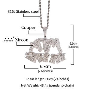 Hip hop silver ATM dollar pendant necklace with iced out AAA+ cubic zirconia stones