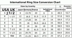 Detailed international ring size chart with US, UK, EU measurements for perfect fitting