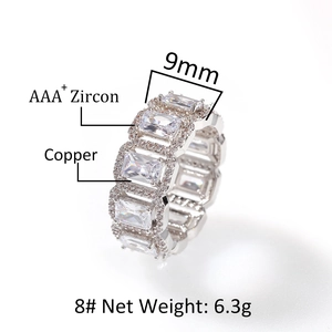 Detail of 9mm wide brass ring with AAA+ rectangular zircon micro-pave setting