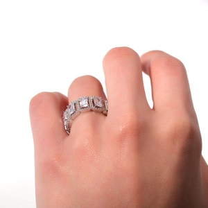 Hip hop style silver ring with rectangular zircons and pave set micro stones for women