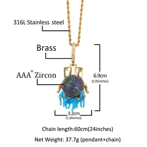 Hip hop pendant with diamond-set earth held by hands and blue enamel details