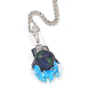 Hip hop style colorful globe pendant necklace with blue melting effect on rope chain