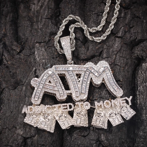 Hiphop silver ATM Addicted to Money pendant necklace with iced out cubic zirconia stones