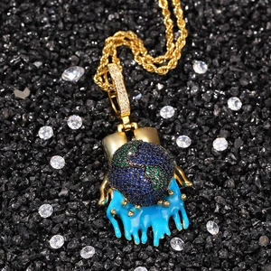 Hip hop globe pendant necklace with blue enamel and colorful micro-set zircons