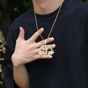Hip hop ATM letter pendant necklace in gold finish with sparkling pavé zircons