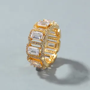 Hip Hop Personalized Copper Rectangular Zirconia Hollow Out Ring Unisex Gold Silver Plated Inlaid Zirconia Eternity Band Jewelry