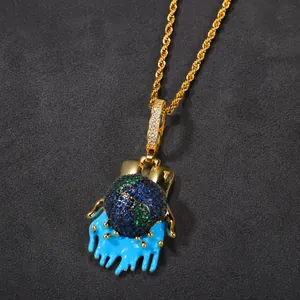 Hip Hop Melting Earth Pendant Necklace For Men Women Iced Out Copper Zirconia Drip Oil Hand Holding Globe Streetwear Jewelry