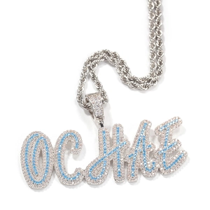 Hip hop custom necklace with large OC HAE pendant in blue and white zircon