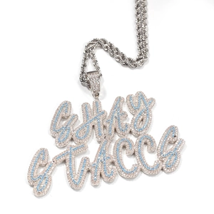 Hip-hop iced out custom letter GRAY ACCS pendant necklace with blue cubic zirconia
