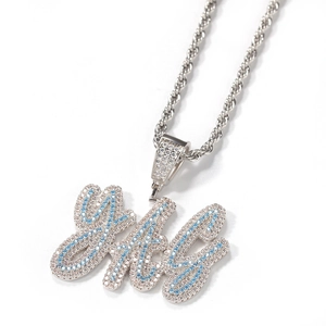 Hip hop style YRG letter pendant necklace with silver finish and blue zircons on rope chain