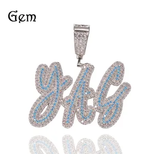 Hip Hop Iced Out Copper Script Alphabet Pendant Necklace Blue White Zircon Micro Pave Rope Chain Jewelry Men Women
