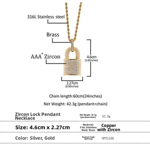 Detailed view of gold padlock pendant with dimensions 4.6cm by 2.27cm on a twisted rope chain
