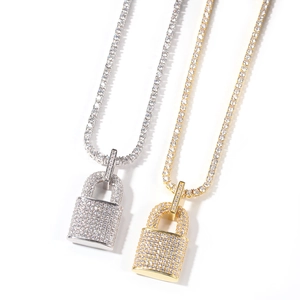 Hip hop zircon padlock pendant necklace in gold and silver plating with shiny crystals
