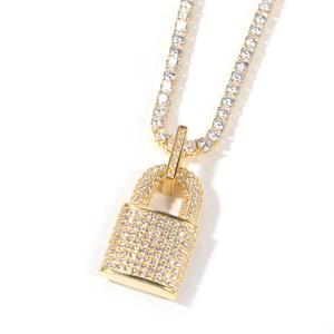 Hip hop gold padlock pendant necklace with sparkling tennis chain and zircon stones