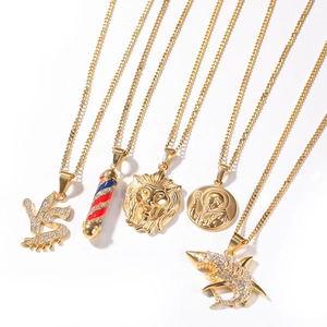 Colección de colgantes hip hop de acero dorado con diseños de tiburón y león