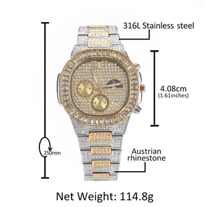 Detalle del reloj hip hop con diamantes de imitación austriacos y acero inoxidable