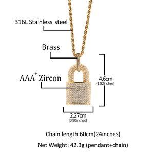 Gold lock pendant necklace in 316L stainless steel with AAA+ zircon stones on 60cm chain
