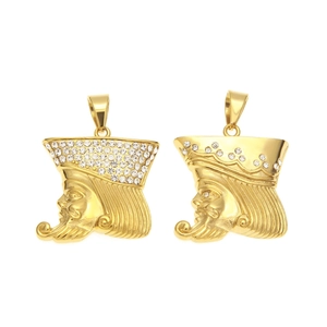 Hip hop style gold plated poker king pendants with white zircon stones on white background