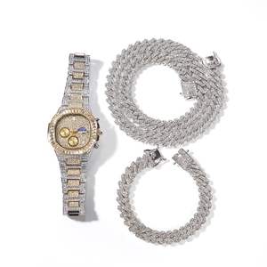 Conjunto de joyas de lujo para hombre con reloj de cristal, collar y pulsera cubana