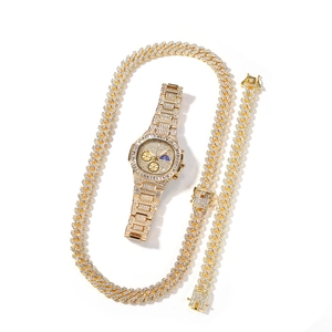 Set de joyería hip hop para hombre con reloj dorado, collar y pulsera con piedras brillantes