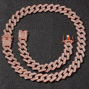 Detail of rose gold Cuban link necklace with pavé zircons and secure box clasp