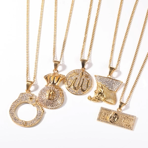 Five-piece set of hip hop necklaces with gold plated pendants and shiny rhinestones