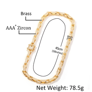 Detail der 8mm Gold-Box-Kette mit AAA+ Zirkonia-Verschluss und Maßen auf weißem Grund