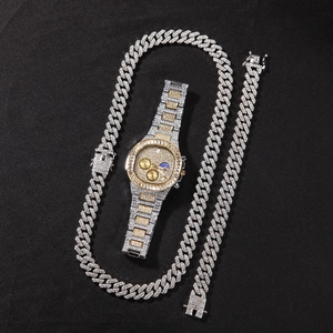 Set de joyería hip hop para hombre con reloj de diamante, collar y pulsera de eslabones