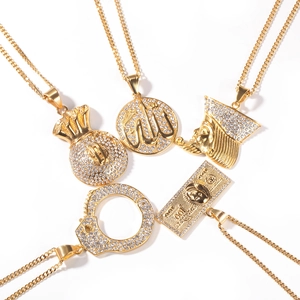 Hip hop titanium steel gold necklaces with money bag, pharaoh, and handcuffs pendants