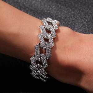 Close-up of hip-hop silver cuban chain bracelet with triple rows of paved rhinestones