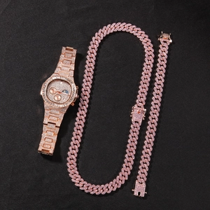 Set de joyería hip hop oro rosa con reloj, collar de cadena cubana y pulsera de lujo