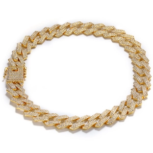 Gold plated 3-row iced out Cuban link necklace with white zircon for men hip hop style