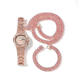 Juego de Joyas Hip Hop para Hombre Reloj de Aleación con Strass Collar Eslabón Cubano Pulsera Accesorios de Moda Streetwear