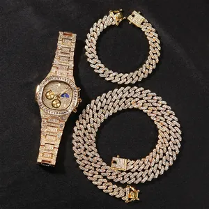 Set de joyería hip hop de 3 piezas para hombre con reloj dorado, collar cubano y pulsera