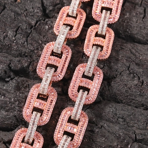 Macro shot of 15mm iced out hip hop chain with pink and white pavé cubic zirconia