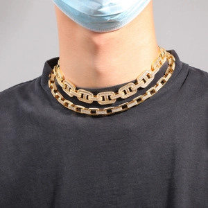 Hip hop style gold layered necklace set with iced out zircons and pig nose link chains