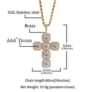 Hip-Hop Vintage Kreuzkette mit vergoldetem Messing und AAA Zirkon Einlage für Damen und Herren