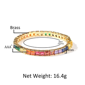 Minimalist rainbow tennis bracelet with AAA+ colorful zircon and brass frame, 18cm length
