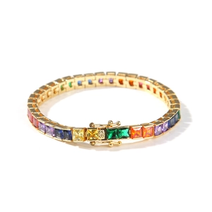 Rainbow tennis bracelet with square-cut colored cubic zirconia and golden finish