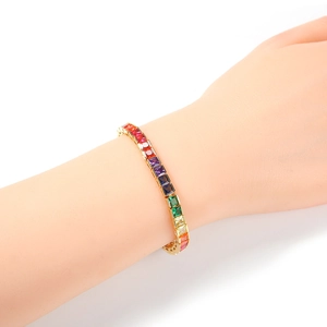 Elegant gold tennis bracelet featuring square-cut multi-color cubic zirconia for women