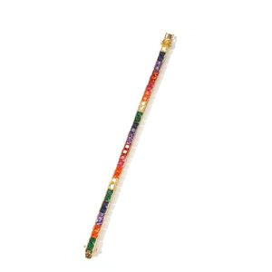 Rainbow tennis bracelet featuring multi-color square cubic zirconia in gold plating