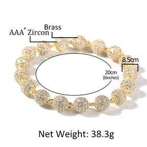 Hip hop gold plated brass bead bracelet with AAA+ cubic zirconia micro paving
