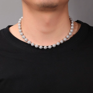 Close-up of hip-hop men's ball chain necklace with sparkling zircon paved beads